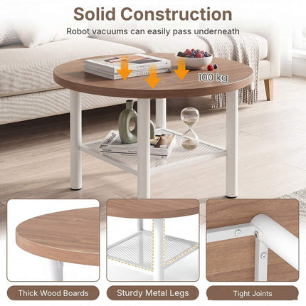 Round Coffee Table 2-Tier with Storage Shelf and Metal Frame, Natural & White