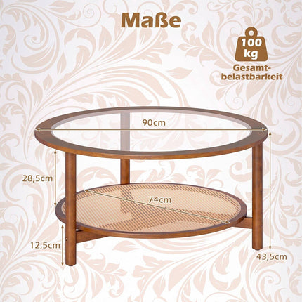 Round Coffee Table, Glass Top, Rattan Shelf, Walnut Finish