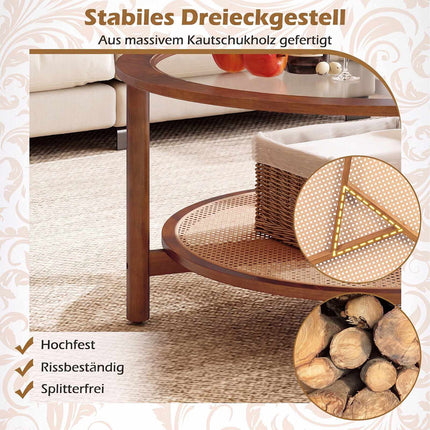 Round Coffee Table, Glass Top, Rattan Shelf, Walnut Finish