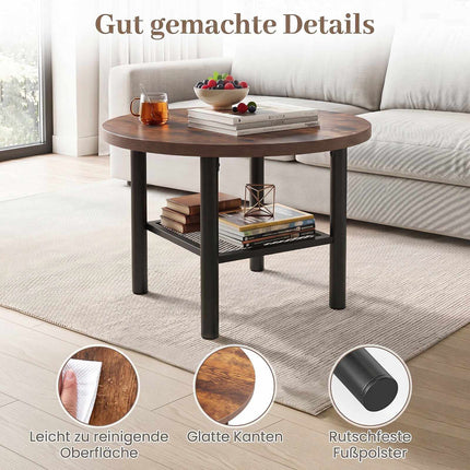Round Coffee Table with 2-Tier Storage and Metal Frame