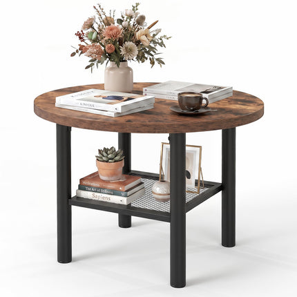Round Coffee Table with 2-Tier Storage and Metal Frame