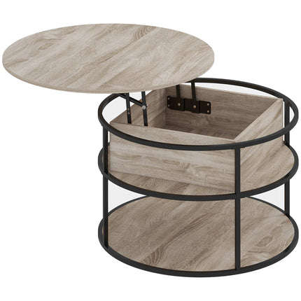 Round Coffee Table with Lift-Top, Storage, Oak Finish