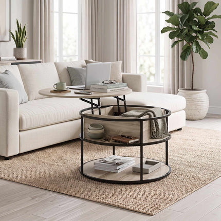 Round Coffee Table with Lift-Top, Storage, Oak Finish
