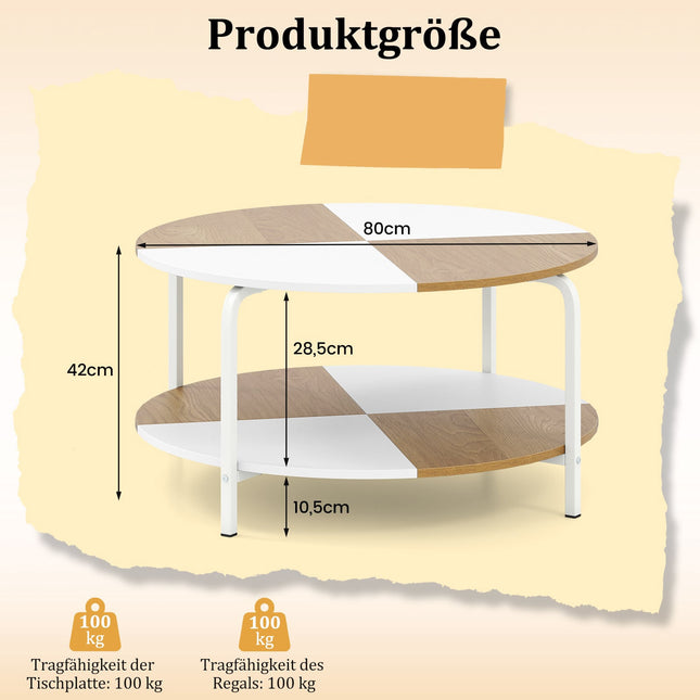Ronde salontafel met plank, wit en naturel hout