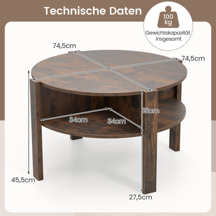 Kulatý konferenční stolek s úložným prostorem, dřevo, 4 police, hnědá