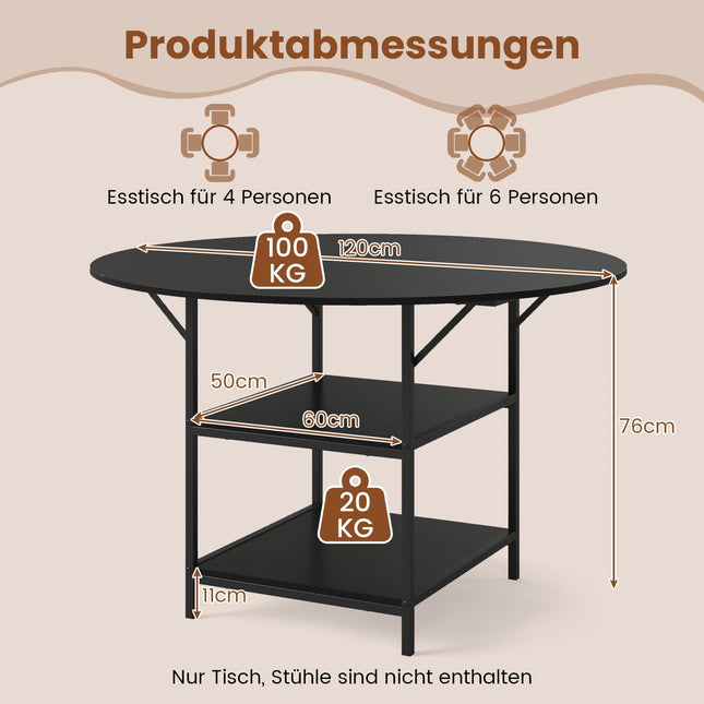 Ronde eettafel, 120 cm, met 2 planken, metalen frame