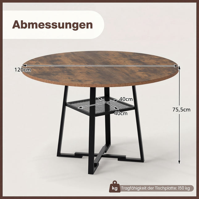 Ronde eettafel met plank, geschikt voor 4-6 personen, rustiek bruin