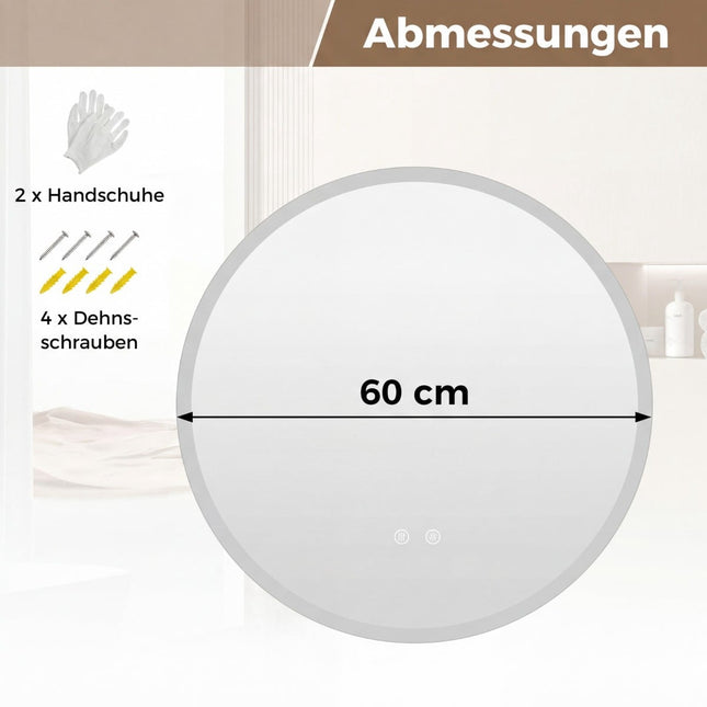 Kulaté LED koupelnové zrcadlo, 3 barvy světla, proti zamlžení, Ø60 cm