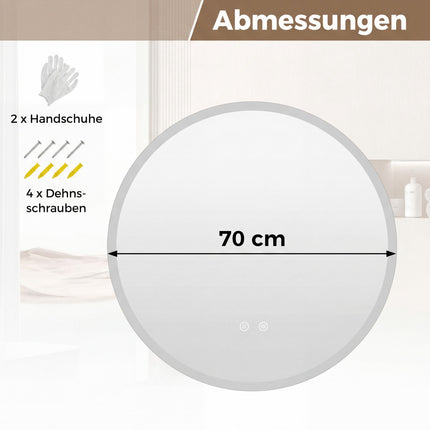 Round LED Bathroom Mirror, 70 cm, Anti-Fog, 3 Light Colors