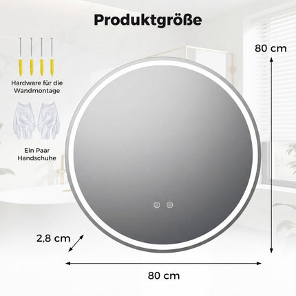 Kulaté LED koupelnové zrcadlo, nastavitelný jas, Ø80 cm