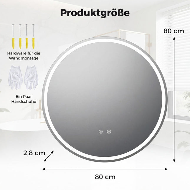 Kulaté LED koupelnové zrcadlo, nastavitelný jas, Ø80 cm