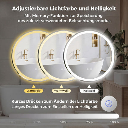 Kulaté LED koupelnové zrcadlo, nastavitelný jas, Ø80 cm