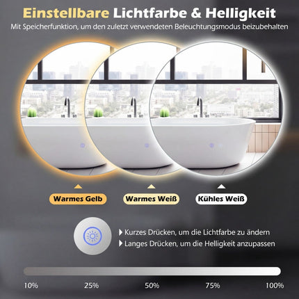 Round LED Bathroom Mirror, Adjustable Brightness & Anti-Fog