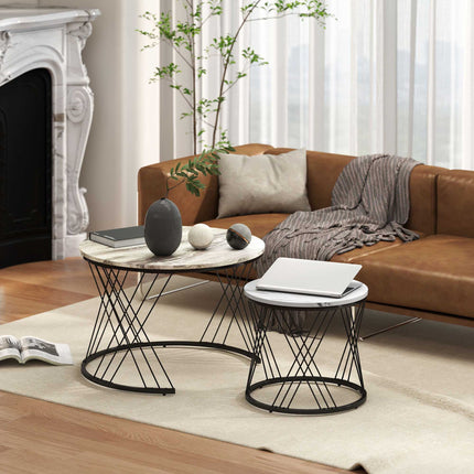 Round Nesting Coffee Tables Set – Marble Look, Grey & White
