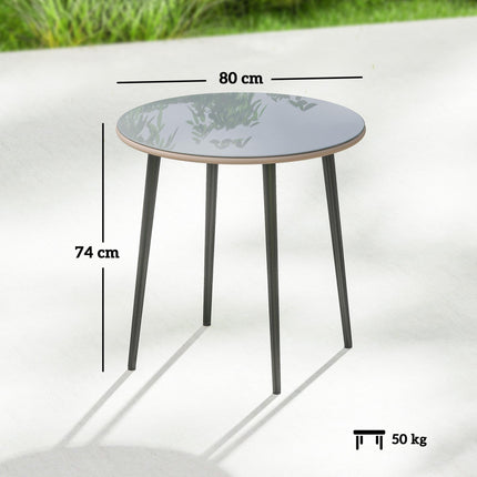 Kulatý venkovní jídelní stůl, 80 cm, sklo a ratan