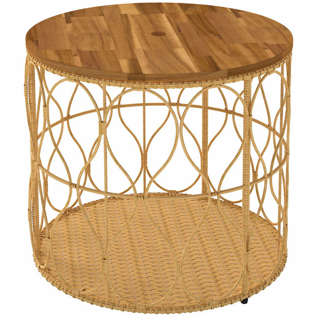 Ronde bijzettafel voor buiten, blad van acaciahout, rotanlook