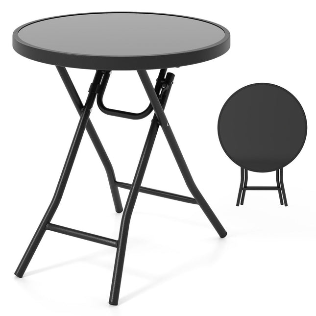 Ronde salontafel met gehard glazen blad en metalen frame, opvouwbare bijzettafel, zwart