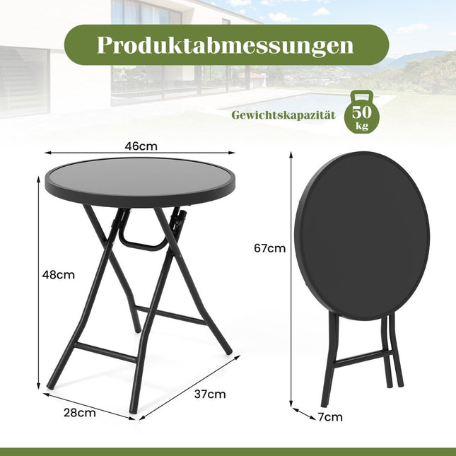 Ronde salontafel met gehard glazen blad en metalen frame, opvouwbare bijzettafel, zwart