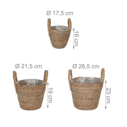 Kulatý květináč, sada 3 ks – rákosový design s fóliovou vložkou