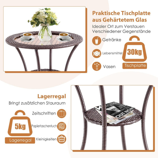 Ronde rotan tuintafel met glazen blad en plank.
