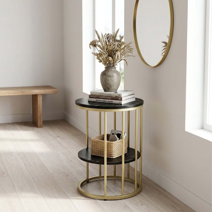 Round Side Table with 2 Marble-Look Shelves, Iron Frame – Gold, Black