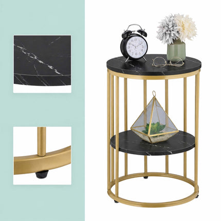 Round Side Table with 2 Marble-Look Shelves, Iron Frame – Gold, Black