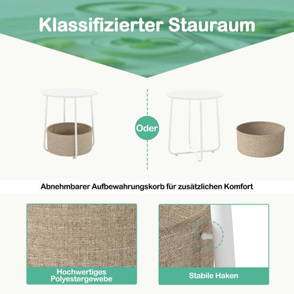 Runder Beistelltisch mit Aufbewahrungskorb, Weiß, Metallrahmen