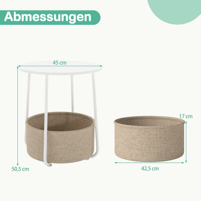Runder Beistelltisch mit Aufbewahrungskorb, Weiß, Metallrahmen