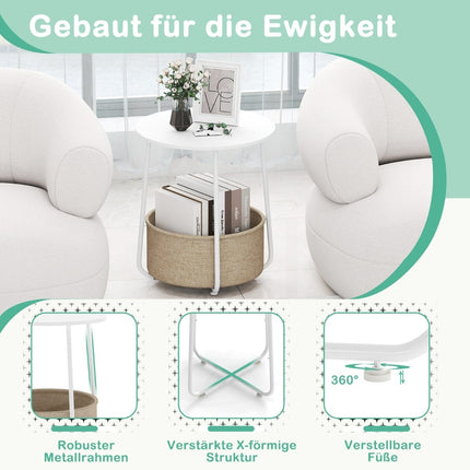Runder Beistelltisch mit Aufbewahrungskorb, Weiß, Metallrahmen