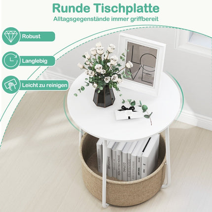 Runder Beistelltisch mit Aufbewahrungskorb, Weiß, Metallrahmen