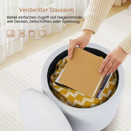 Round Storage Ottoman with Removable Lid, White Chenille