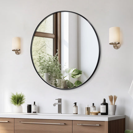 Round Wall Mirror, 30 in, Brushed Aluminum Frame, Shatter-Resistant