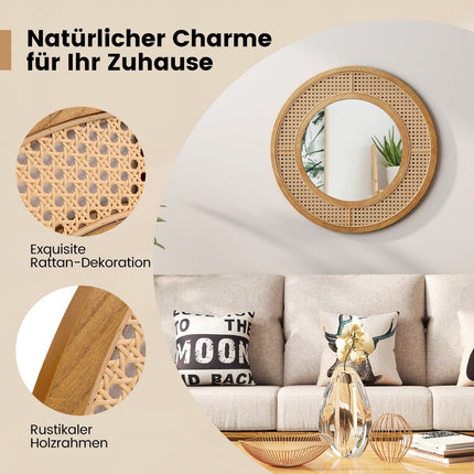 Kulaté nástěnné zrcadlo, ratanový a dřevěný rám, průměr 65 cm