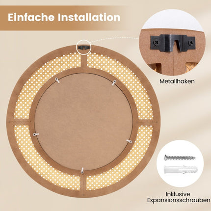 Kulaté nástěnné zrcadlo, ratanový a dřevěný rám, průměr 65 cm