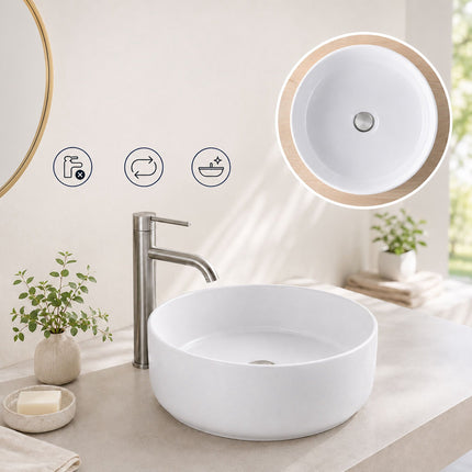 Round White Ceramic Countertop Basin, 40.5 x 40.5 cm