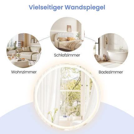 Round bathroom mirror with anti-fog mirror heating and display. Dimmable LED mirror