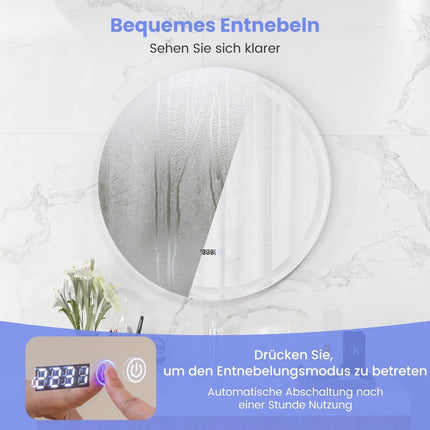 Round bathroom mirror with anti-fog mirror heating and display. Dimmable LED mirror