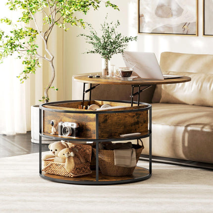 Kulatý konferenční stolek se zvedací deskou a úložným prostorem, hnědá