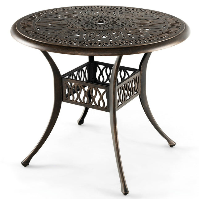 Ronde terras eettafel bistrotafel van gegoten aluminium met parasolgat Ø90 x 74 cm bruin