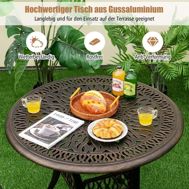 Ronde terras eettafel bistrotafel van gegoten aluminium met parasolgat Ø90 x 74 cm bruin