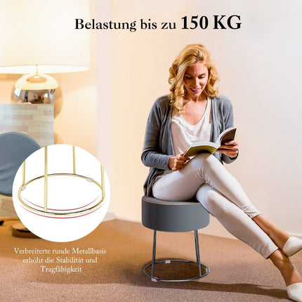 Kulatá stolička taburetka ze sametu s kovovými nohami, čalouněná toaletní stolička, nosnost až 150 kg, šedá