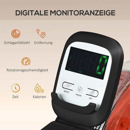 Skládací veslovací trenažér s vodním odporem, LCD displej a kolečka