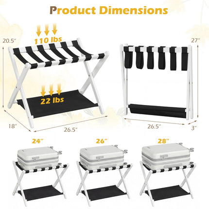 Rubberwood Folding Luggage Rack with Nylon Shelves, Black/White