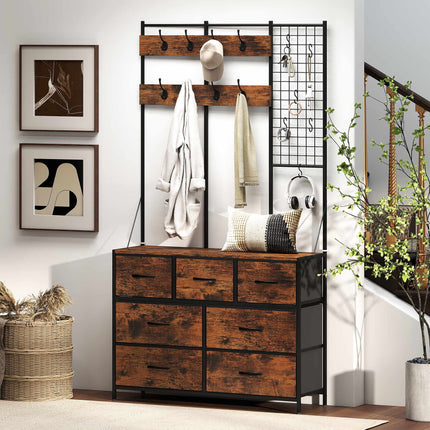 Rustic Brown Coat Rack with 14 Hooks and Fabric Drawers