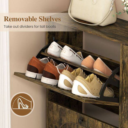 Rustic Brown Shoe Storage Cabinet, 4 Flip Drawers, Slim Design
