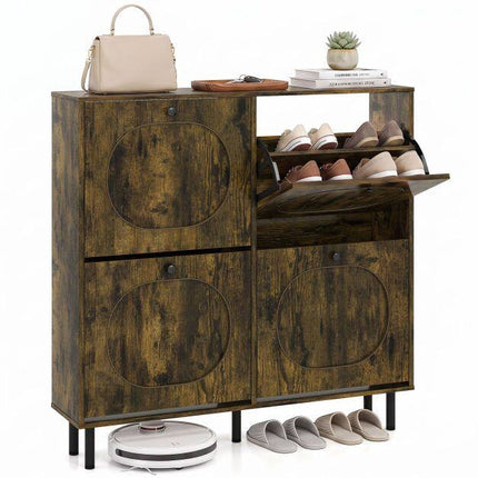 Rustic Brown Shoe Storage Cabinet, 4 Flip Drawers, Slim Design