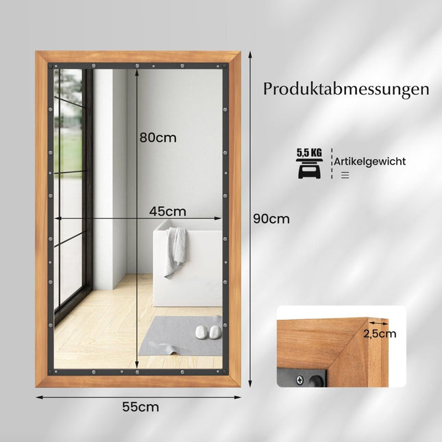 Rustikální dřevěné zrcadlo s obdélníkovým rámem dekorativní závěsné zrcadlo 55 x 90 cm přírodní