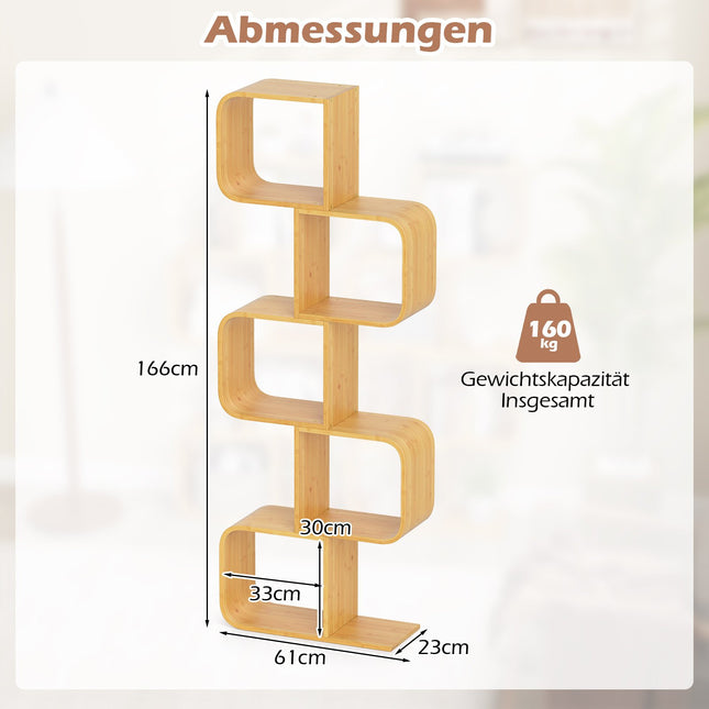 S-Shaped Bamboo Bookshelf with 5 Tiers for Home Office