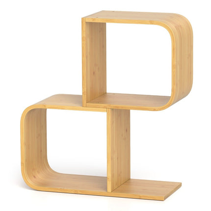S-Shaped Bookshelf with 2 Open Cubes Geometric Corner Shelf Bamboo Shelf