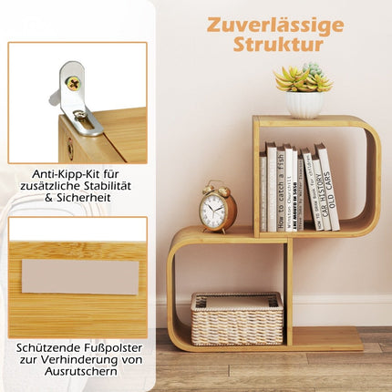 S-Shaped Bookshelf with 2 Open Cubes Geometric Corner Shelf Bamboo Shelf